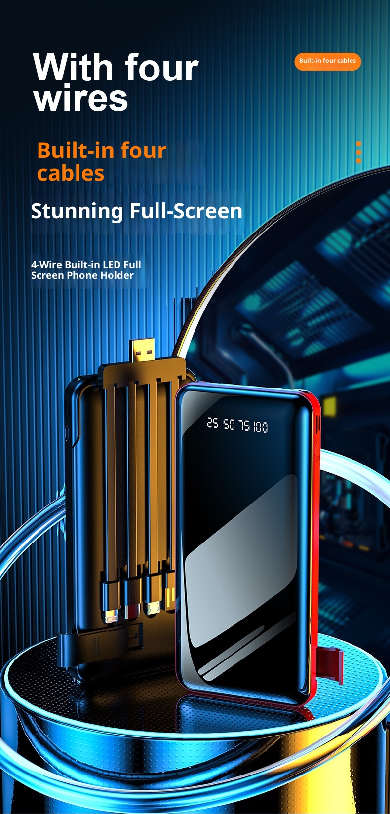 techglobe Wholesale Portable Built-in Cable Mirror Bank 20000mAh High-Quality Gift Mobile Power Supply PowerBank_voghion.com