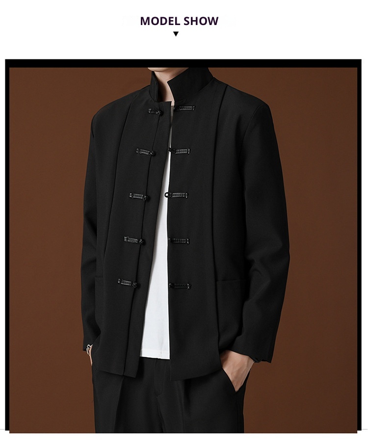 QFV507045555501<2 QFV507045555501<2 Blazer negro de cuello alto estilo chino, de alta gama, corte holgado, estilo nacional Tang, uniforme Zhongshan._voghion.com
