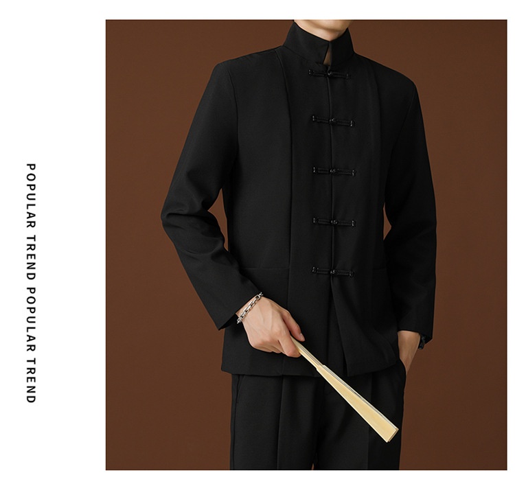 QFV507045555501<2 QFV507045555501<2 Blazer negro de cuello alto estilo chino, de alta gama, corte holgado, estilo nacional Tang, uniforme Zhongshan._voghion.com