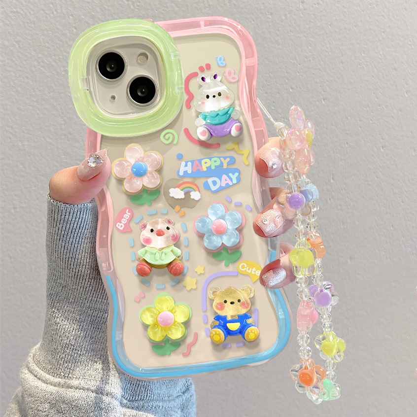 Étui TechGlobe Dual Stand Compatible iPhone 16, 13, 3D Ours Fleur Gongduozai, 15 Pro Chaîne, 12 Femmes X_voghion.com