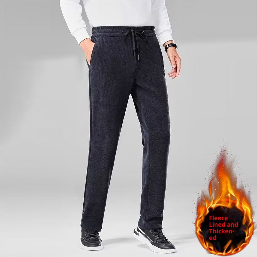 boy Corduroy Casual Autumn Winter New Fleece Lined Thickened Long Pants Straight Trendy Versatile Men's Sweatpants_voghion.com