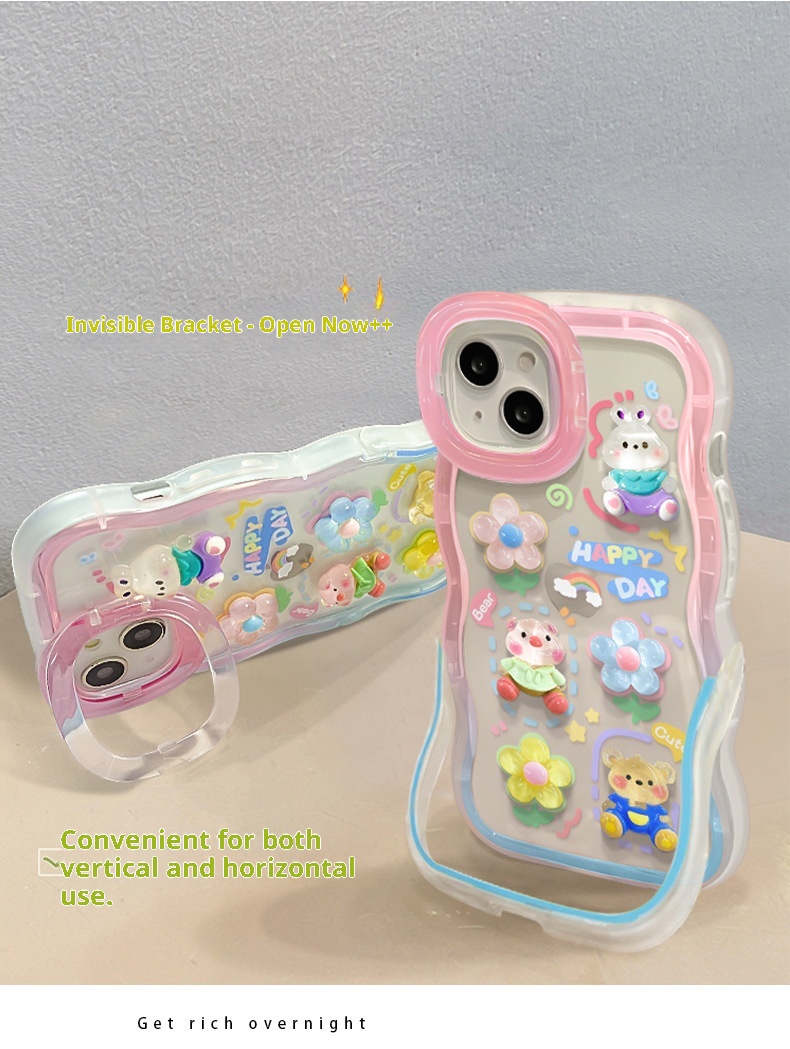 Étui TechGlobe Dual Stand Compatible iPhone 16, 13, 3D Ours Fleur Gongduozai, 15 Pro Chaîne, 12 Femmes X_voghion.com