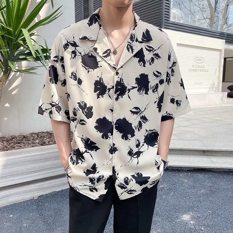 ForMen Light Mature Style Men's Ice Silk Draped Short Sleeve Summer Trendy Loose Cuban Collar Floral Shirt_voghion.com