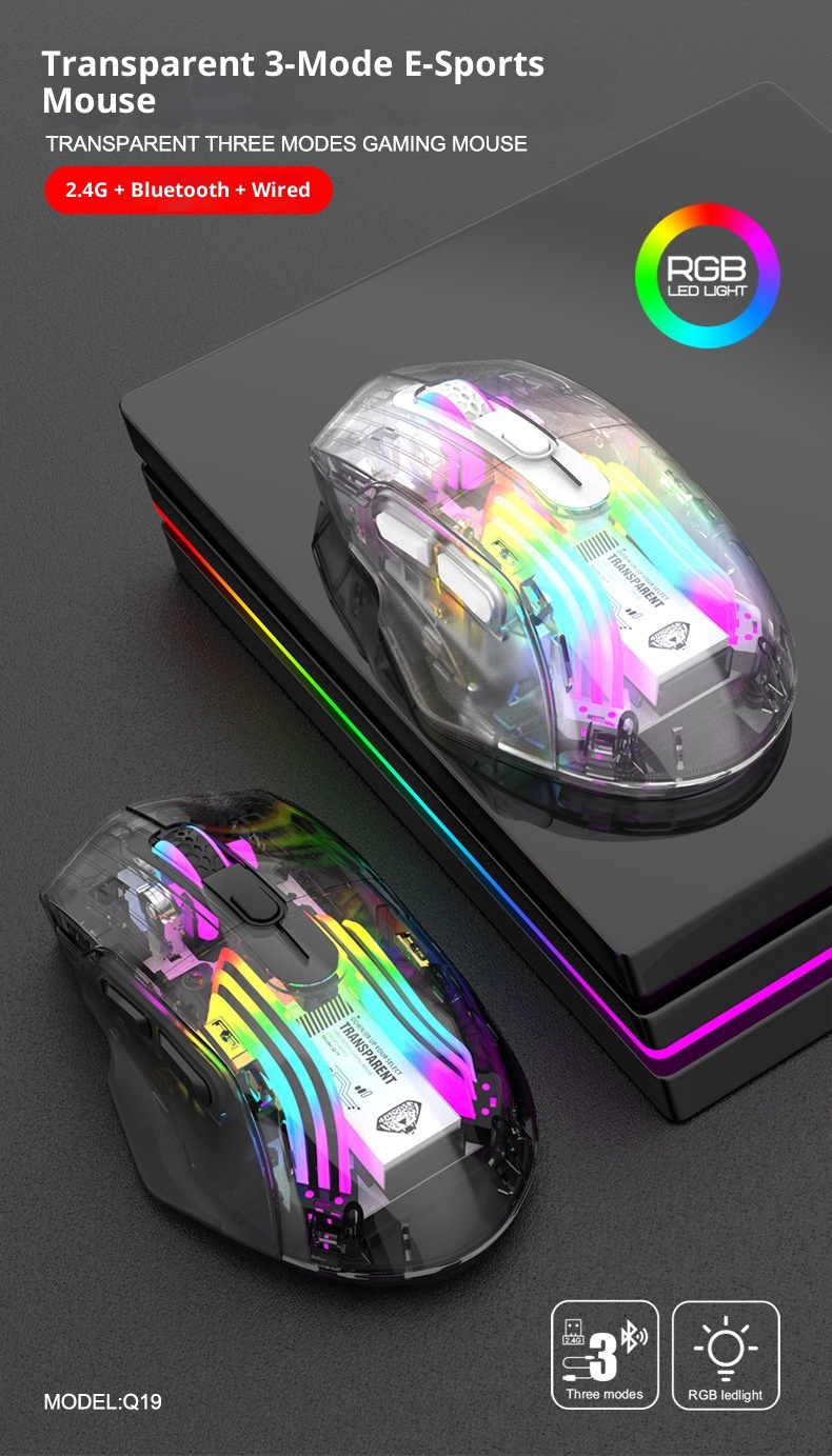 Techglobe Imperial Leopard Q19 Mouse da gioco trasparente con illuminazione RGB per laptop e desktop, con ricarica Bluetooth wireless a tre modalità_voghion.com