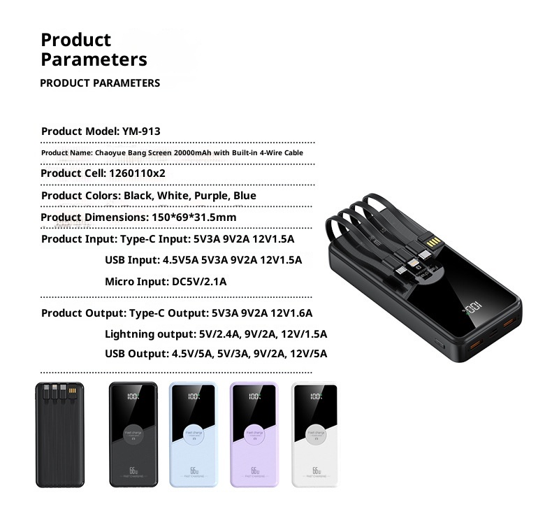 techglobe 66w Super Fast Charging Power Bank With Built-in Cable 2w Milliamp Large Capacity Convenient Portable Charger Gift_voghion.com