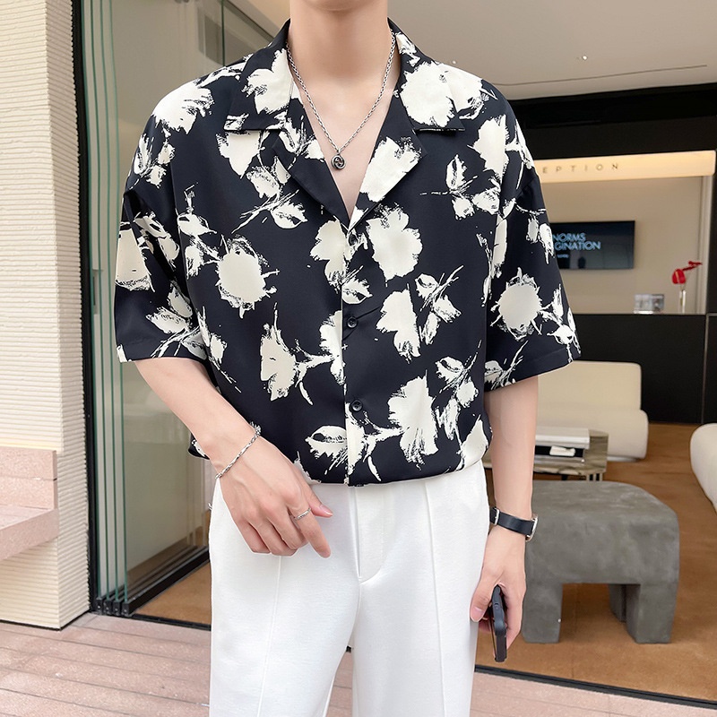 ForMen Light Mature Style Men's Ice Silk Draped Short Sleeve Summer Trendy Loose Cuban Collar Floral Shirt_voghion.com