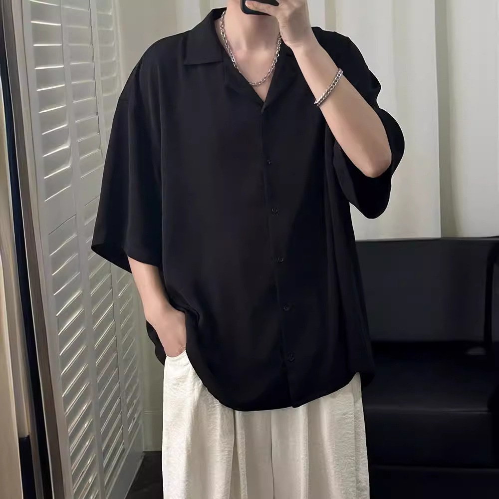 ForMen Cuban Collar Men Short Summer Ice Silk Draped Men's Loose Handsome Black Fashion Half Sleeve Casual Shirt_voghion.com