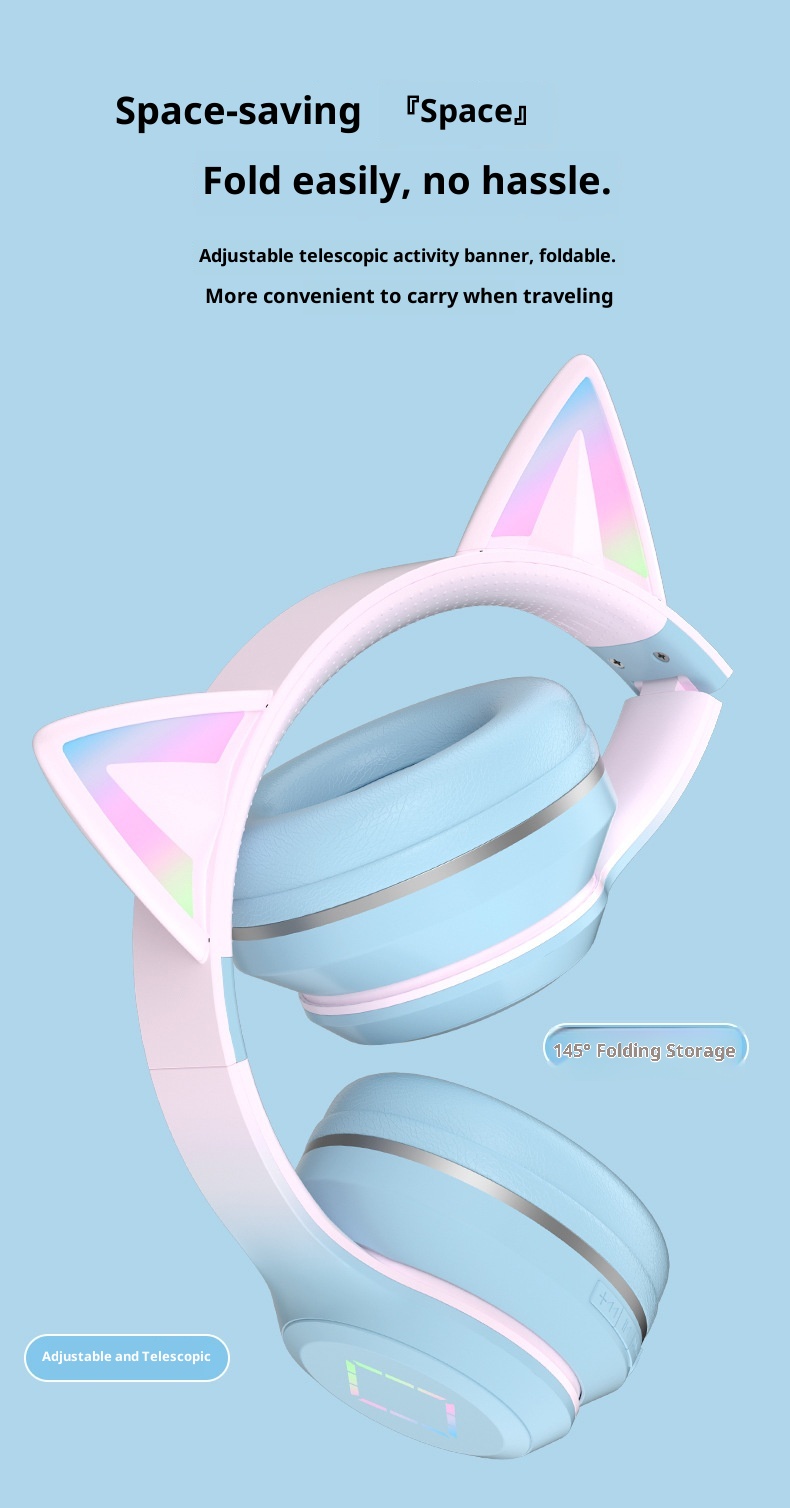 3c Cross-border New DR57 Bluetooth Ultra-long Battery Life Gradient Color Glowing Cat Ears Head-mounted Wireless Earphones_voghion.com