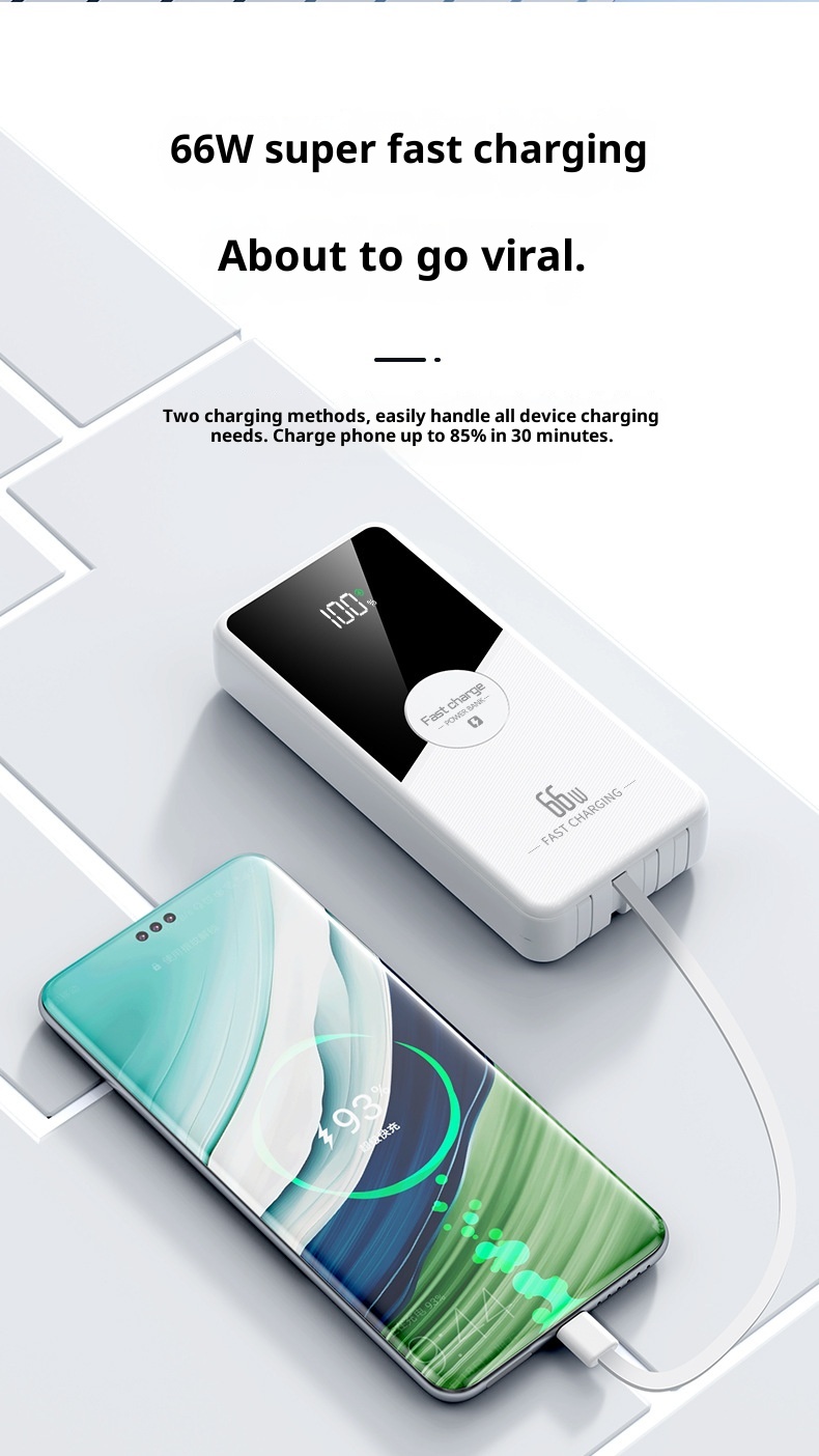 techglobe 66w Super Fast Charging Power Bank With Built-in Cable 2w Milliamp Large Capacity Convenient Portable Charger Gift_voghion.com