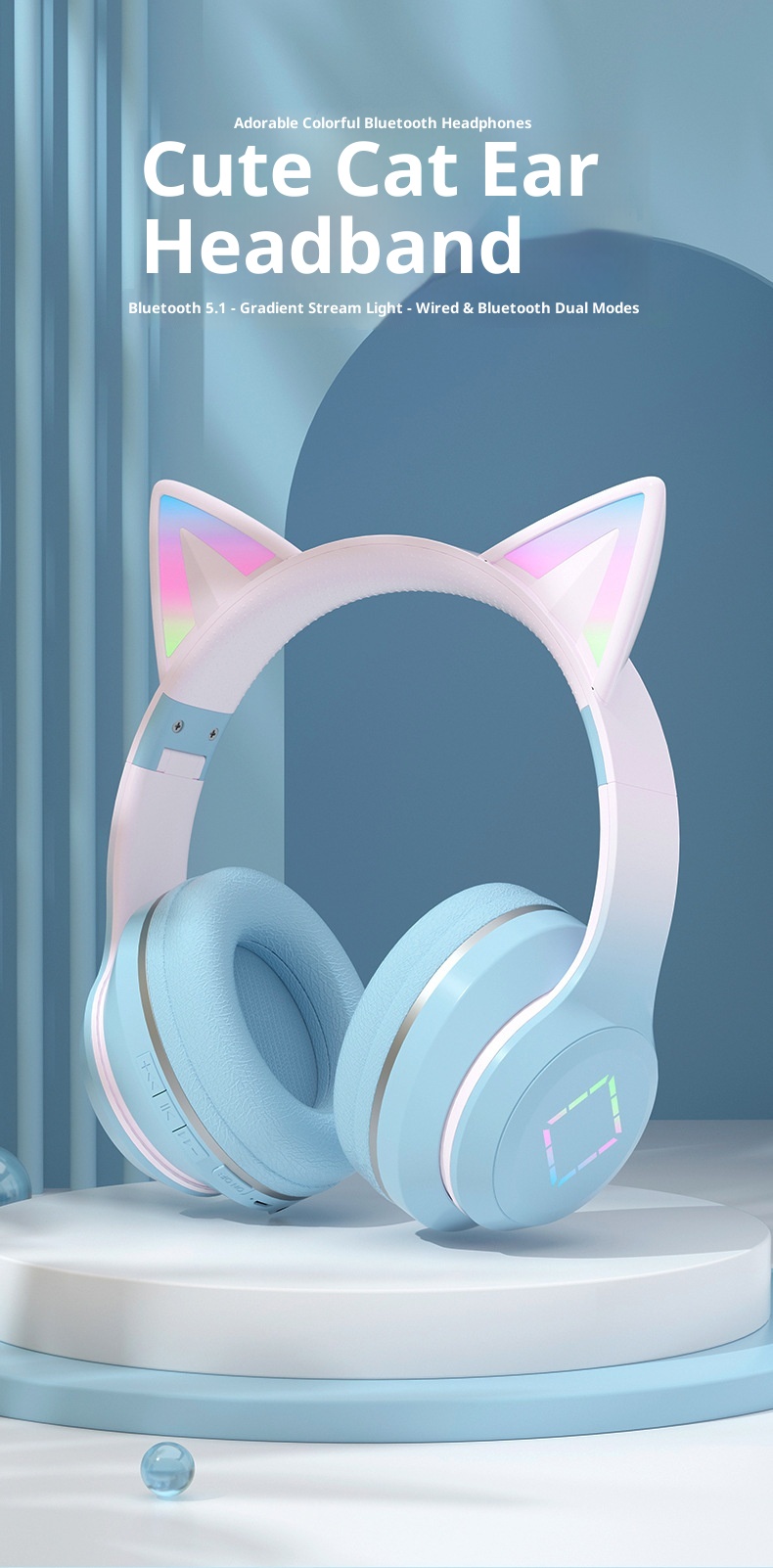3c Cross-border New DR57 Bluetooth Ultra-long Battery Life Gradient Color Glowing Cat Ears Head-mounted Wireless Earphones_voghion.com