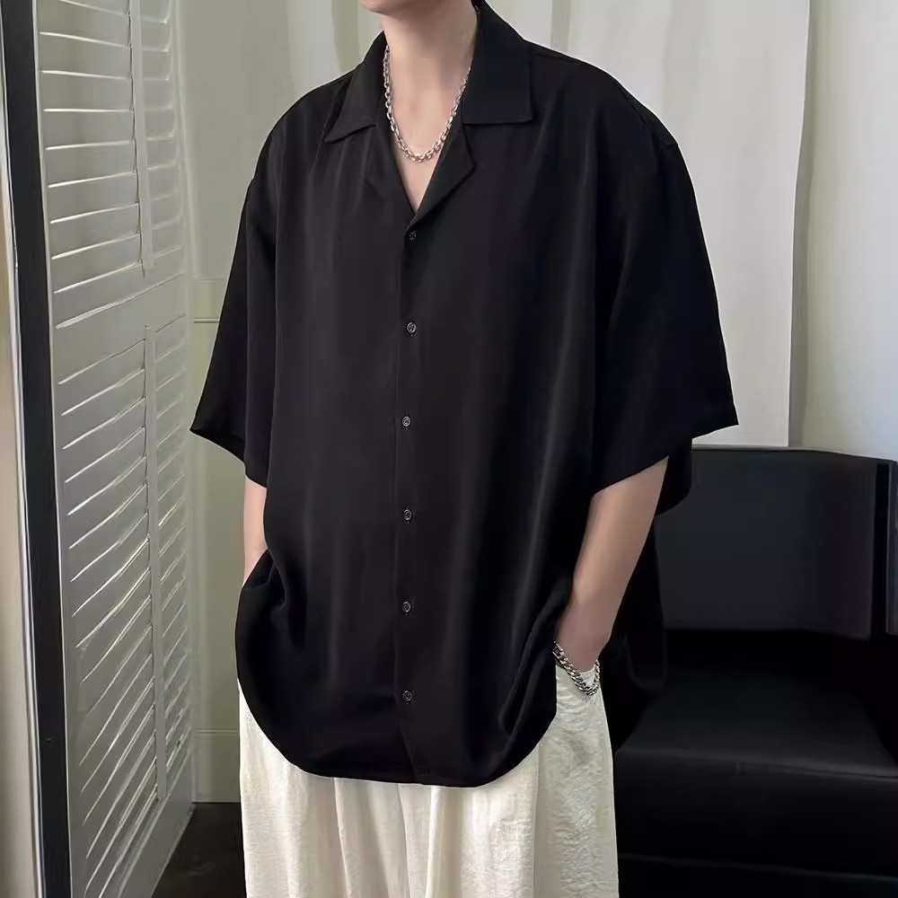 ForMen Cuban Collar Men Short Summer Ice Silk Draped Men's Loose Handsome Black Fashion Half Sleeve Casual Shirt_voghion.com