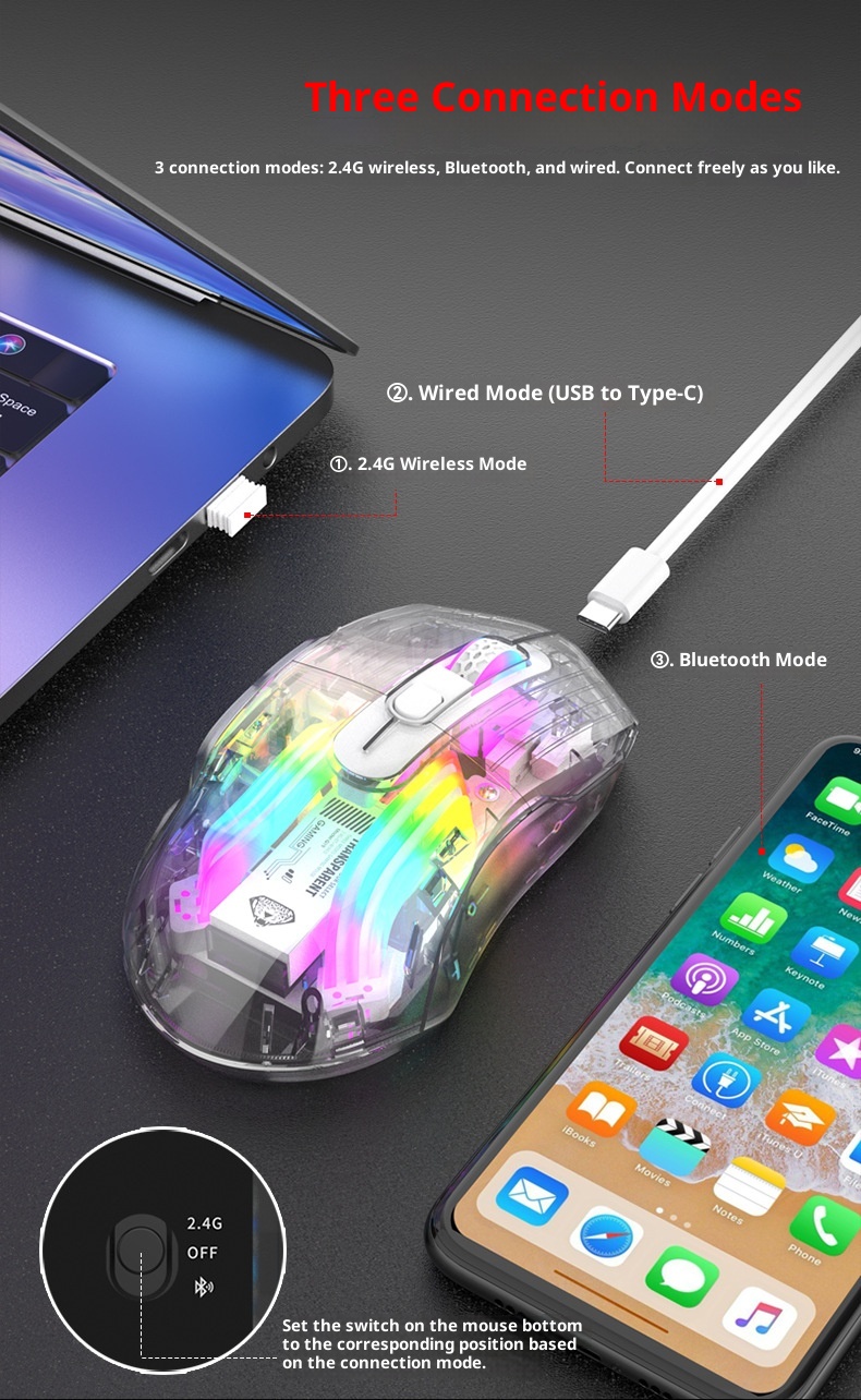 Techglobe Imperial Leopard Q19 Mouse da gioco trasparente con illuminazione RGB per laptop e desktop, con ricarica Bluetooth wireless a tre modalità_voghion.com