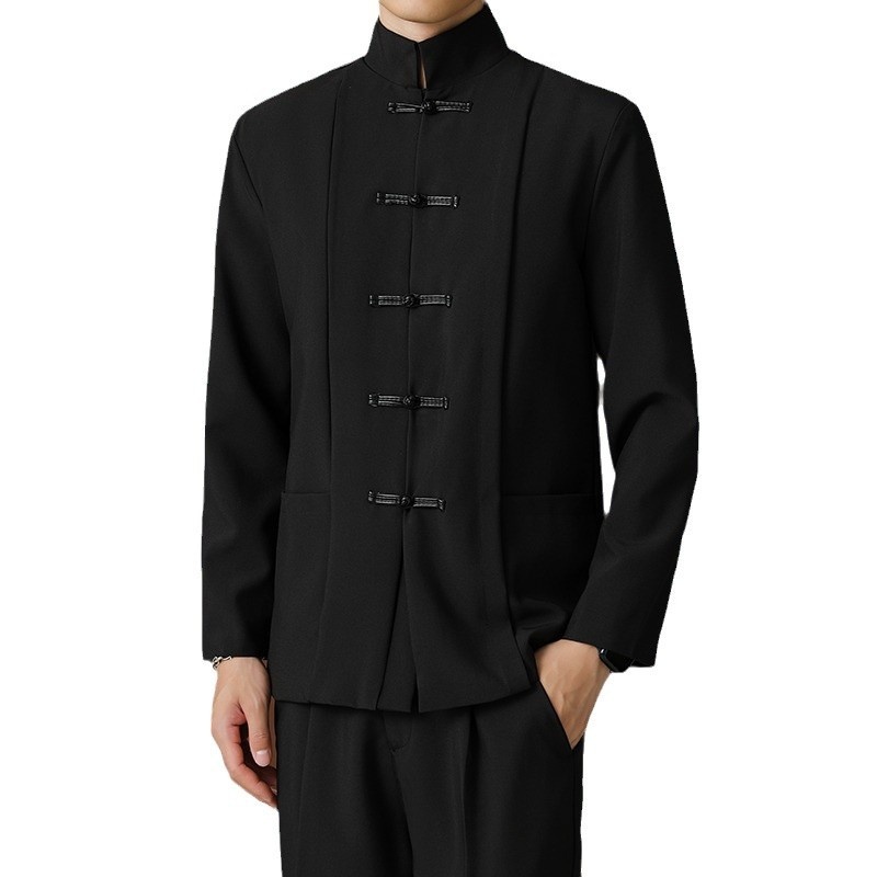 QFV507045555501<2 QFV507045555501<2 Blazer negro de cuello alto estilo chino, de alta gama, corte holgado, estilo nacional Tang, uniforme Zhongshan._voghion.com