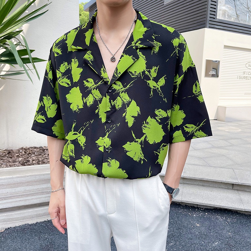 ForMen Light Mature Style Men's Ice Silk Draped Short Sleeve Summer Trendy Loose Cuban Collar Floral Shirt_voghion.com