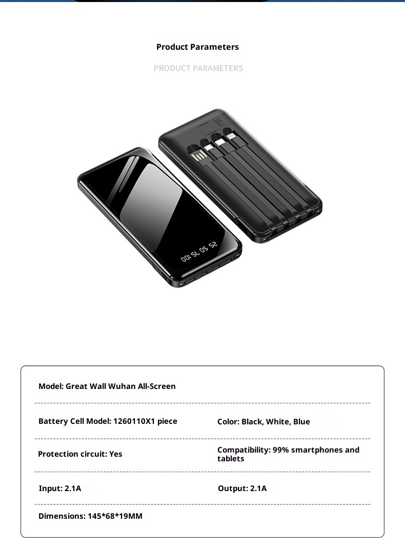 techglobe Wholesale Portable Built-in Cable Mirror Bank 20000mAh High-Quality Gift Mobile Power Supply PowerBank_voghion.com