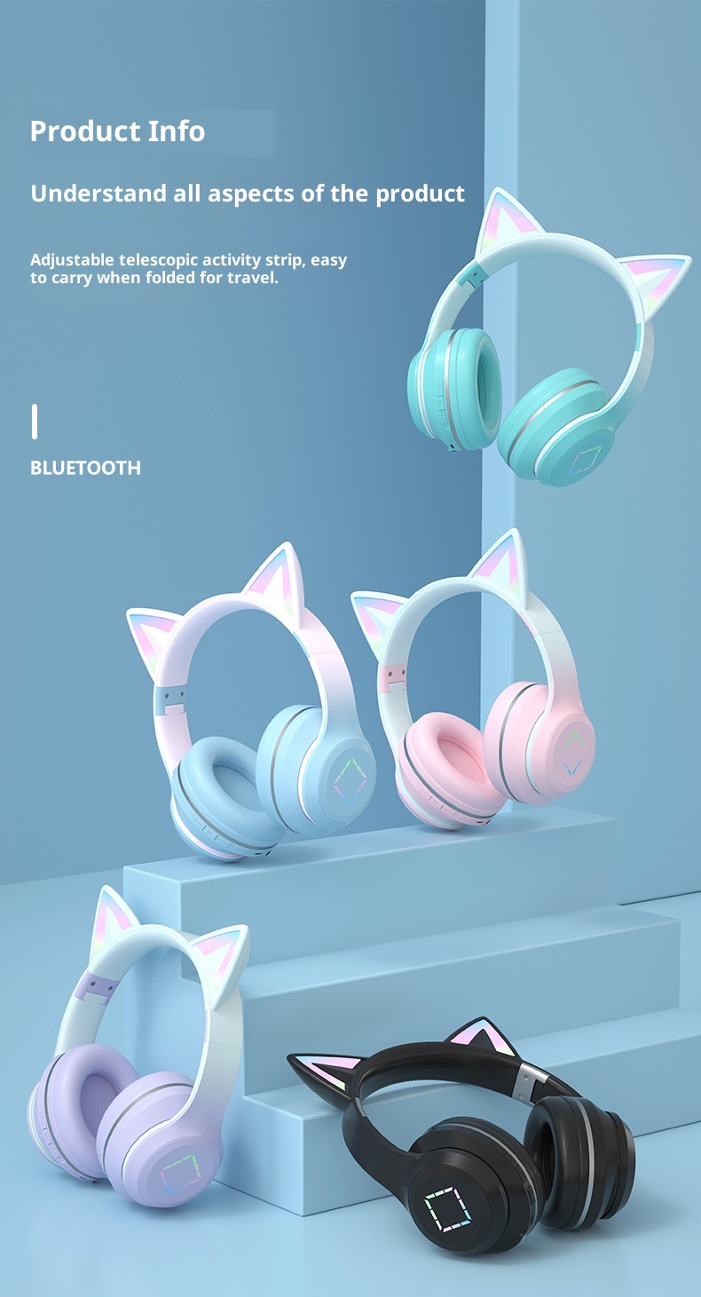 3c Cross-border New DR57 Bluetooth Ultra-long Battery Life Gradient Color Glowing Cat Ears Head-mounted Wireless Earphones_voghion.com