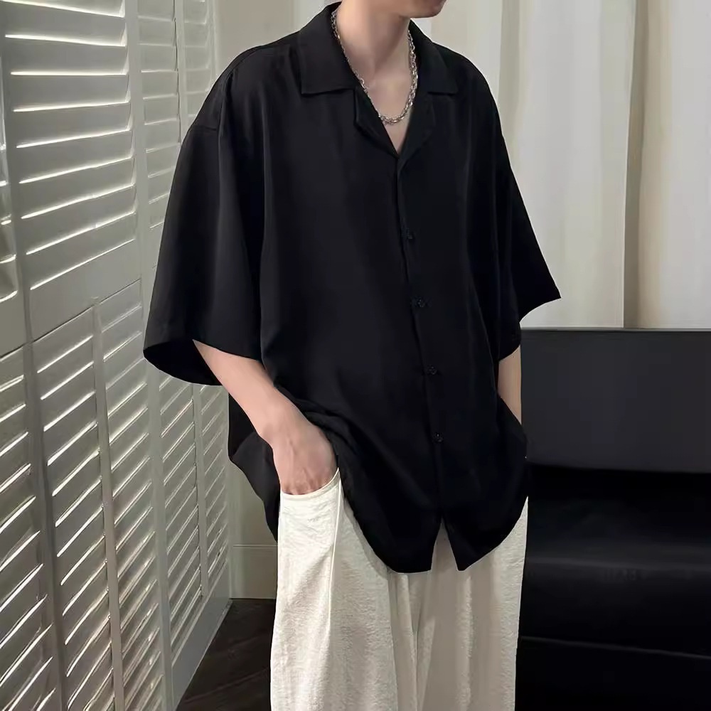 ForMen Cuban Collar Men Short Summer Ice Silk Draped Men's Loose Handsome Black Fashion Half Sleeve Casual Shirt_voghion.com