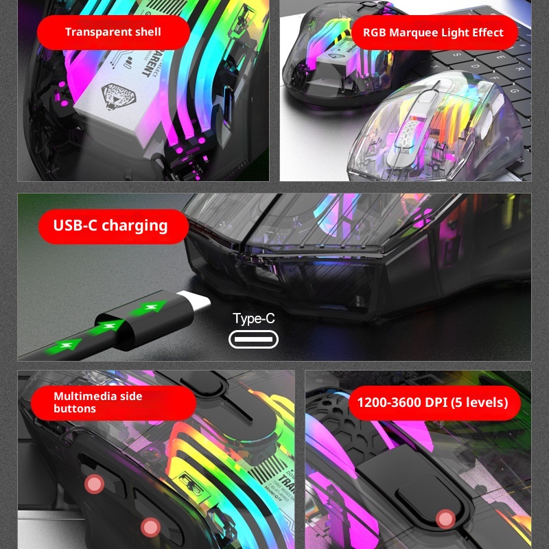 Techglobe Imperial Leopard Q19 Mouse da gioco trasparente con illuminazione RGB per laptop e desktop, con ricarica Bluetooth wireless a tre modalità_voghion.com