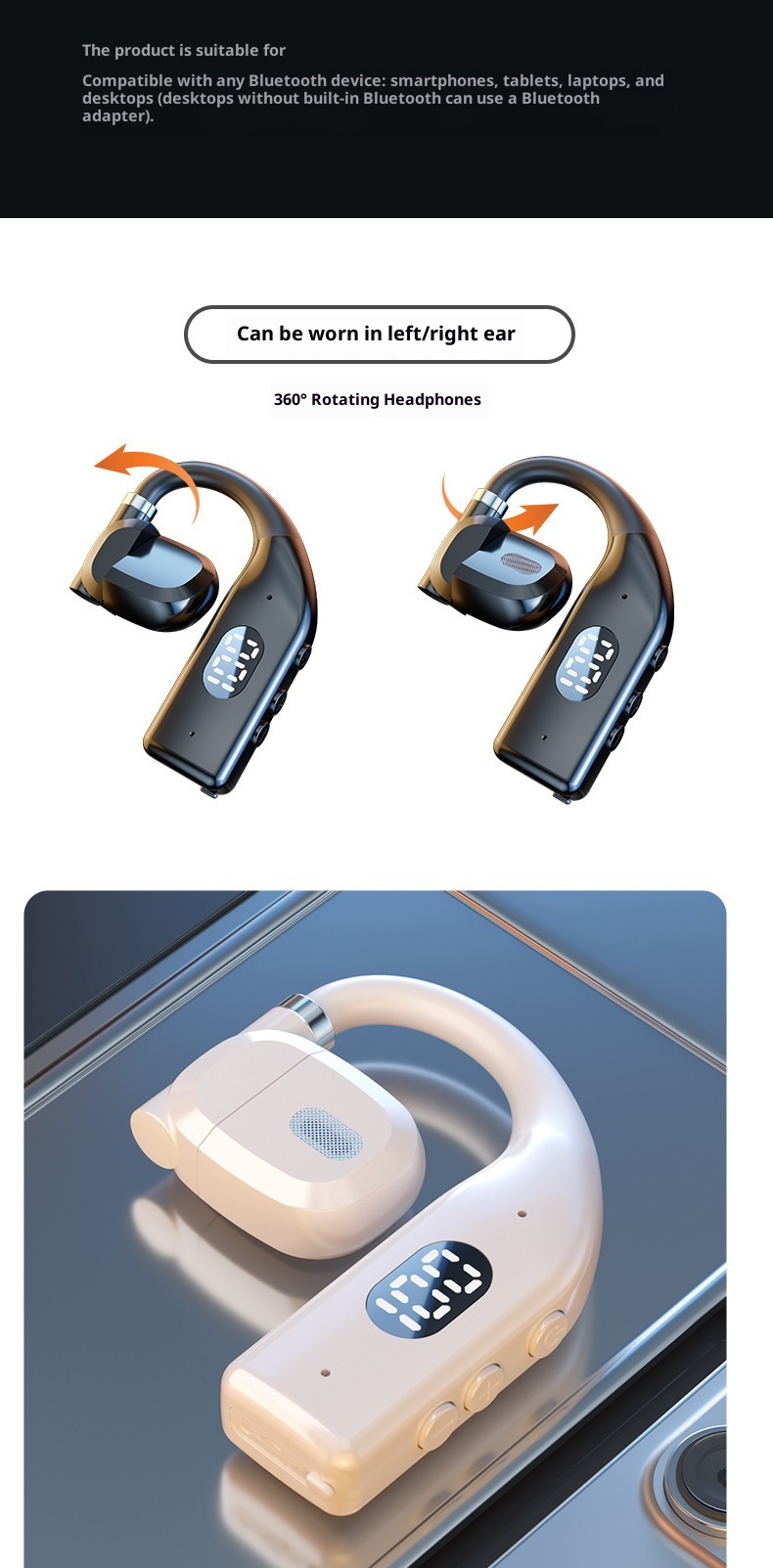 3c Nuovo stile girevole digitale wireless sinistro e destro con gancio singolo per l'orecchio, universale transfrontaliero, batteria a lunga durata_voghion.com