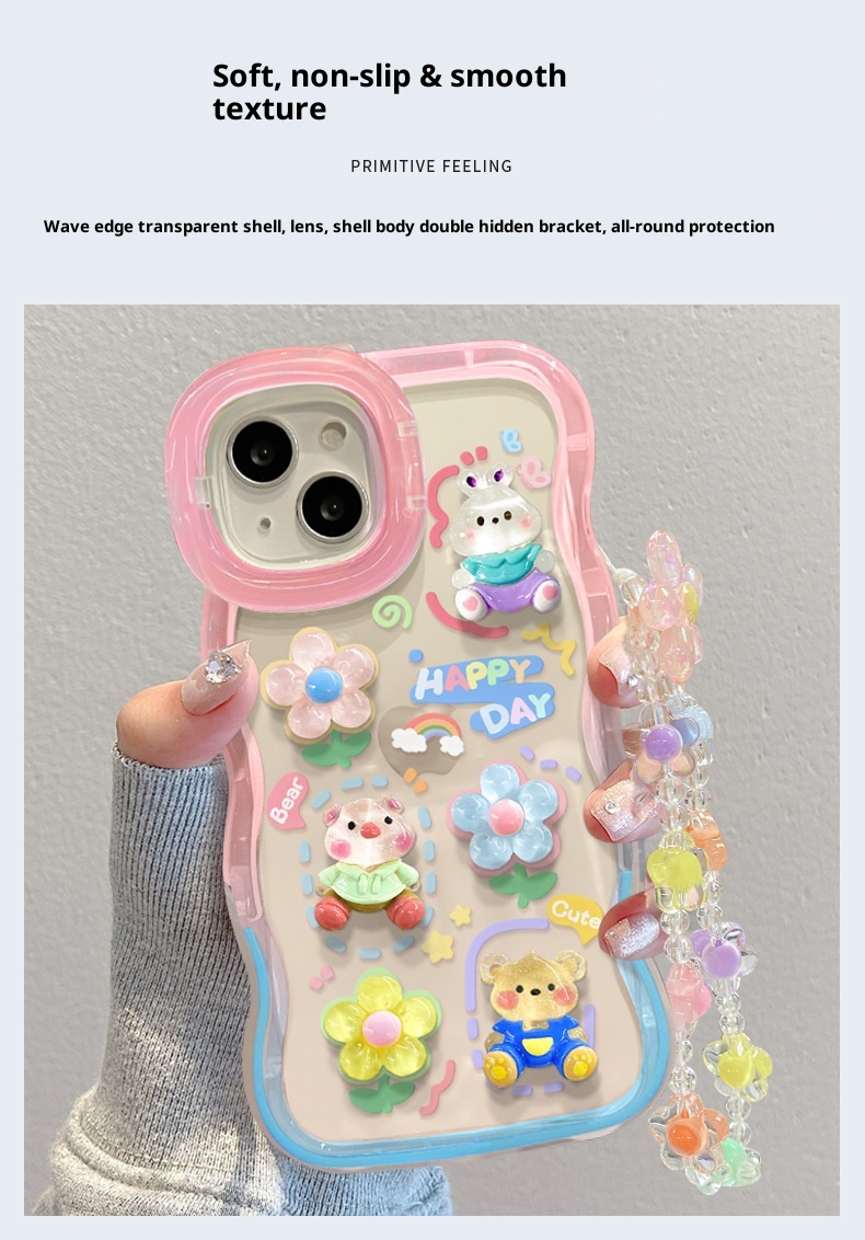 Étui TechGlobe Dual Stand Compatible iPhone 16, 13, 3D Ours Fleur Gongduozai, 15 Pro Chaîne, 12 Femmes X_voghion.com