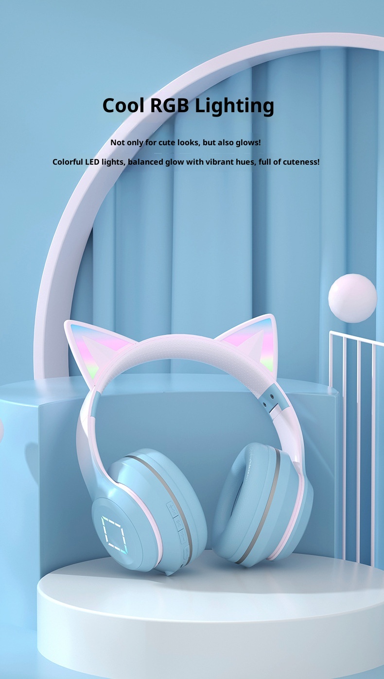 3c Cross-border New DR57 Bluetooth Ultra-long Battery Life Gradient Color Glowing Cat Ears Head-mounted Wireless Earphones_voghion.com