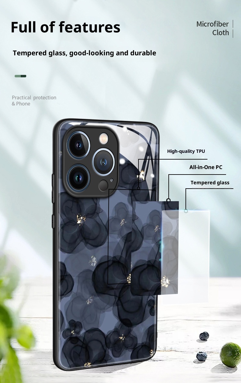 TechGlobe Ink Flower Schutzhülle aus Glas, kompatibel mit iPhone 15 und iPhone 16 Pro Max, bietet umfassenden Schutz vor Stürzen und ist ein beliebtes Produkt._voghion.com