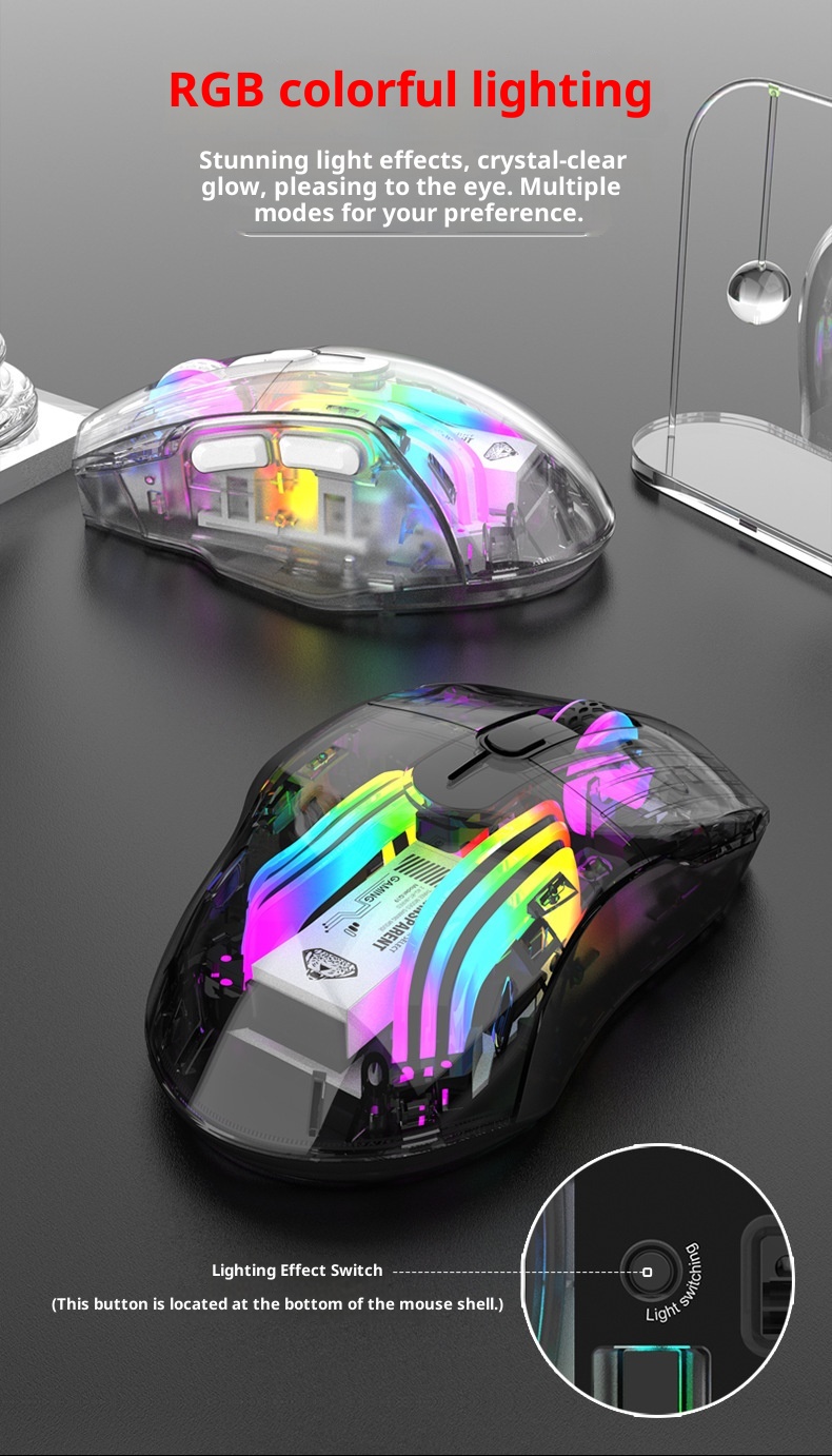 Techglobe Imperial Leopard Q19 Mouse da gioco trasparente con illuminazione RGB per laptop e desktop, con ricarica Bluetooth wireless a tre modalità_voghion.com
