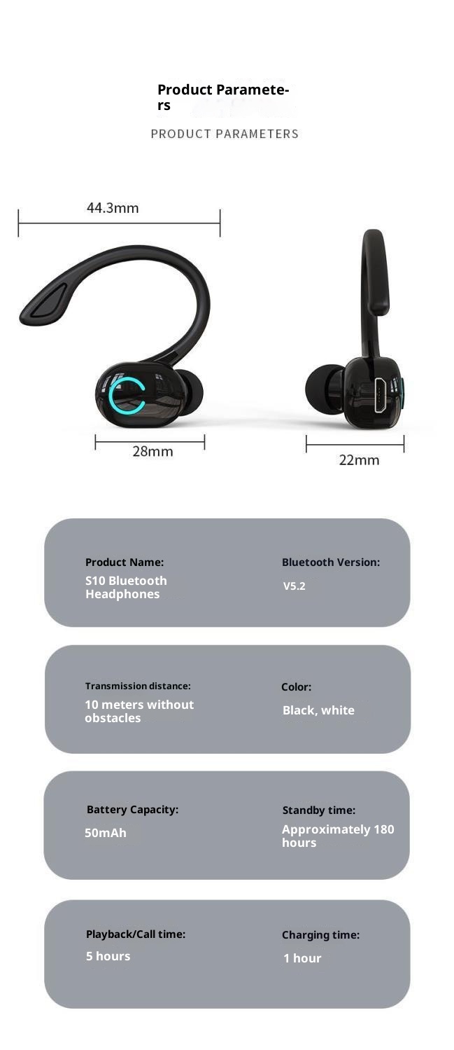 3c Cross-Border S10 Bluetooth Earphones Mini Business In-Ear Ear Hook Low Power Consumption Long Battery Life Wholesale_voghion.com
