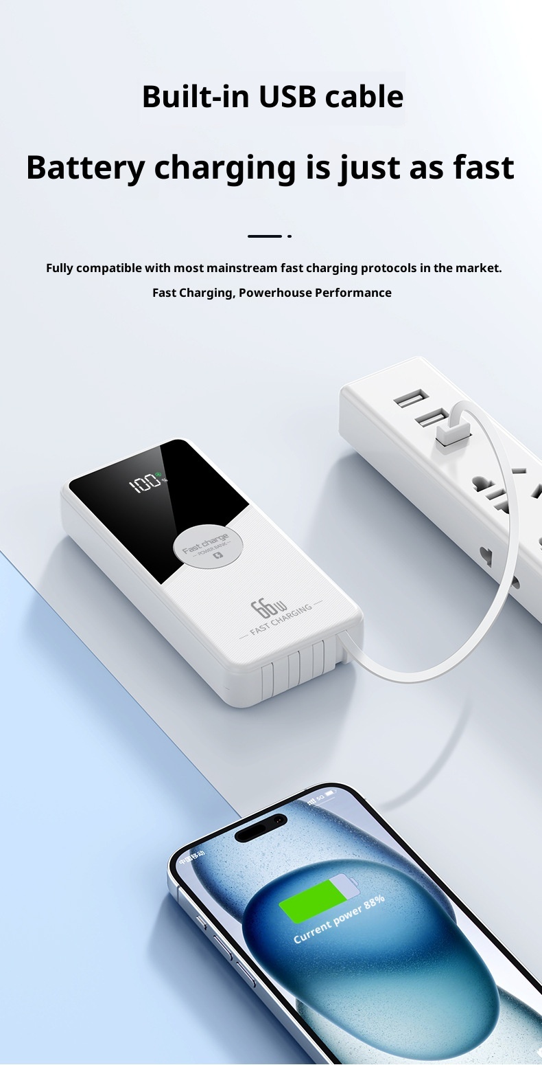 techglobe 66w Super Fast Charging Power Bank With Built-in Cable 2w Milliamp Large Capacity Convenient Portable Charger Gift_voghion.com