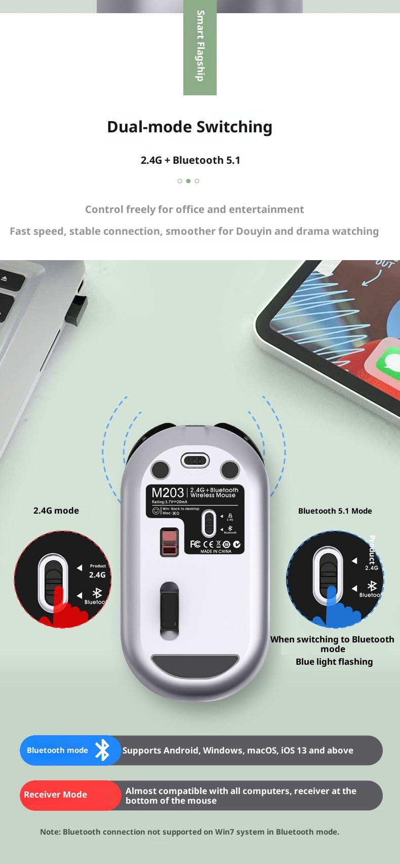 Techglobe Huma M203 Bluetooth Wireless Charging Silent Mouse Dual Mode For Computer Laptop Office Home Use Cross-border_voghion.com