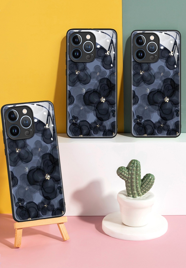 TechGlobe Ink Flower Schutzhülle aus Glas, kompatibel mit iPhone 15 und iPhone 16 Pro Max, bietet umfassenden Schutz vor Stürzen und ist ein beliebtes Produkt._voghion.com