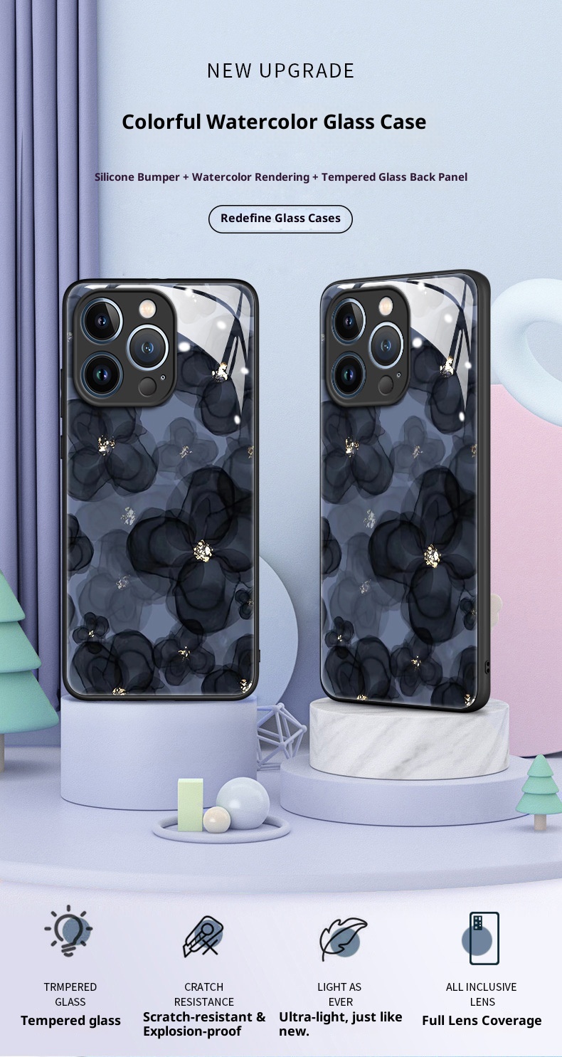 TechGlobe Ink Flower Schutzhülle aus Glas, kompatibel mit iPhone 15 und iPhone 16 Pro Max, bietet umfassenden Schutz vor Stürzen und ist ein beliebtes Produkt._voghion.com