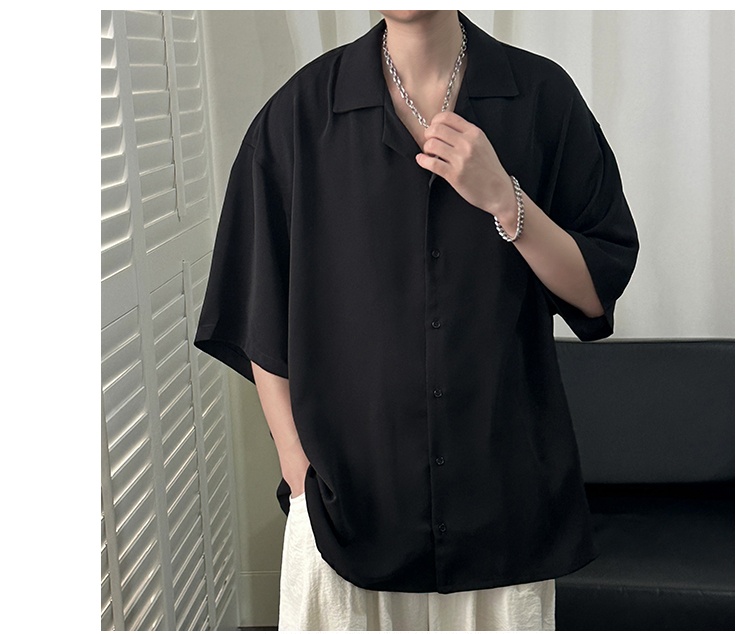 ForMen Cuban Collar Men Short Summer Ice Silk Draped Men's Loose Handsome Black Fashion Half Sleeve Casual Shirt_voghion.com