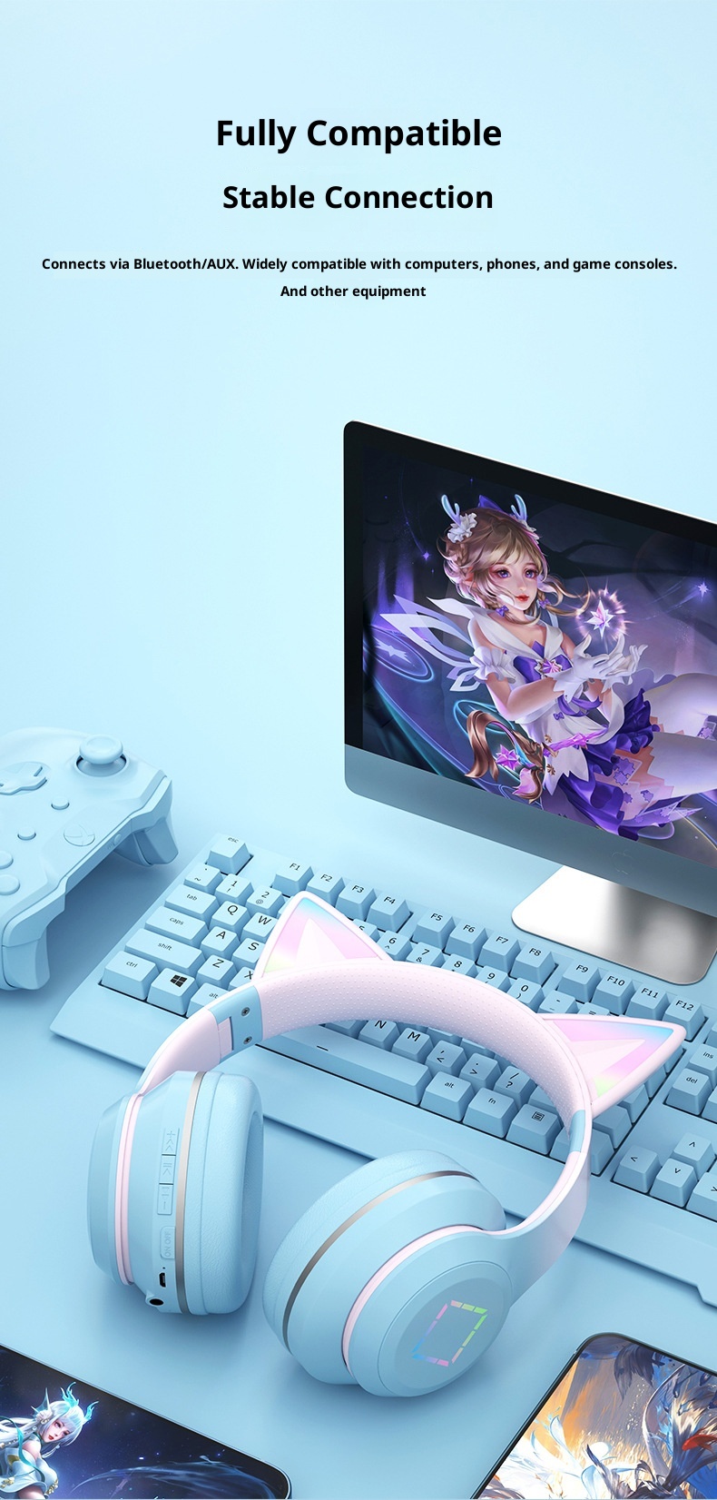 3c Cross-border New DR57 Bluetooth Ultra-long Battery Life Gradient Color Glowing Cat Ears Head-mounted Wireless Earphones_voghion.com