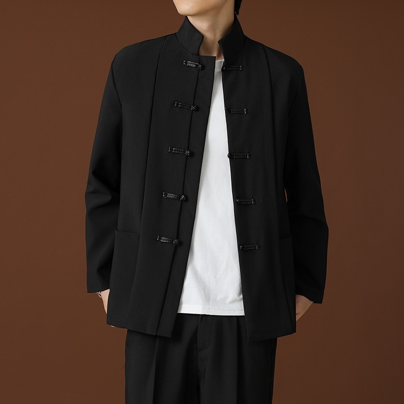 QFV507045555501<2 QFV507045555501<2 Blazer negro de cuello alto estilo chino, de alta gama, corte holgado, estilo nacional Tang, uniforme Zhongshan._voghion.com