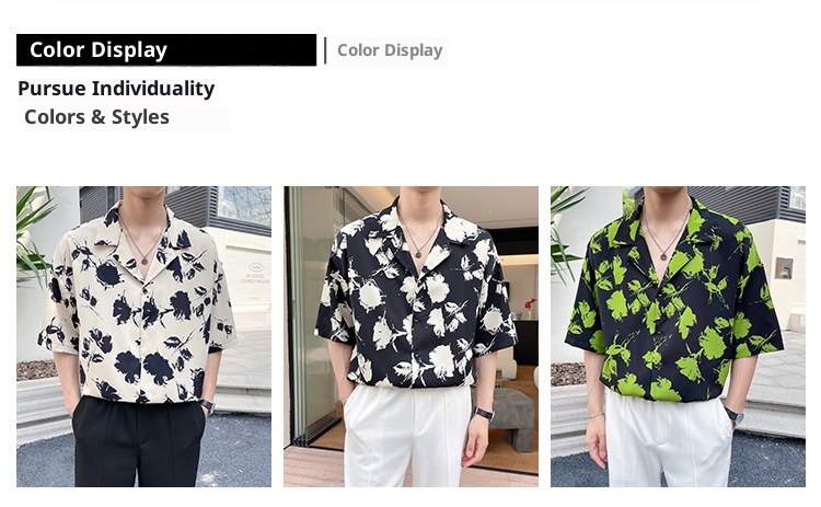 ForMen Light Mature Style Men's Ice Silk Draped Short Sleeve Summer Trendy Loose Cuban Collar Floral Shirt_voghion.com