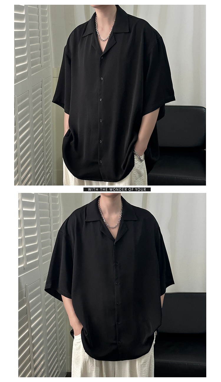 ForMen Cuban Collar Men Short Summer Ice Silk Draped Men's Loose Handsome Black Fashion Half Sleeve Casual Shirt_voghion.com