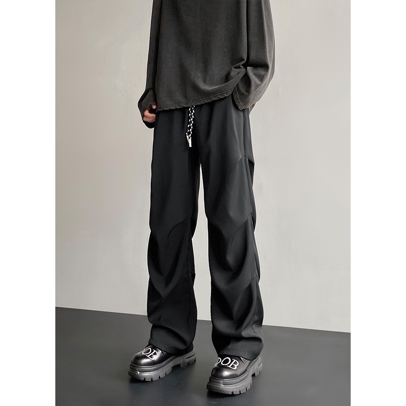 boy Wrinkled Draped Casual Men Summer New Trendy Loose Wide-Leg Ice Silk High-End Paratrooper Cargo Pants_voghion.com