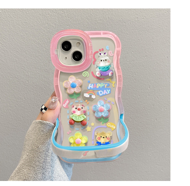 Étui TechGlobe Dual Stand Compatible iPhone 16, 13, 3D Ours Fleur Gongduozai, 15 Pro Chaîne, 12 Femmes X_voghion.com