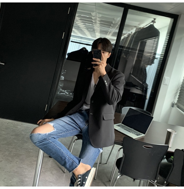 QFV507045555501<2 QFV507045555501<2 Chaqueta corta informal para hombre, estilo coreano, traje moderno Dongdaemun, blazer corto negro holgado de otoño_voghion.com