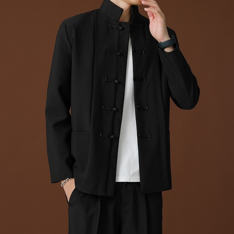 QFV507045555501<2 QFV507045555501<2 Blazer negro de cuello alto estilo chino, de alta gama, corte holgado, estilo nacional Tang, uniforme Zhongshan._voghion.com