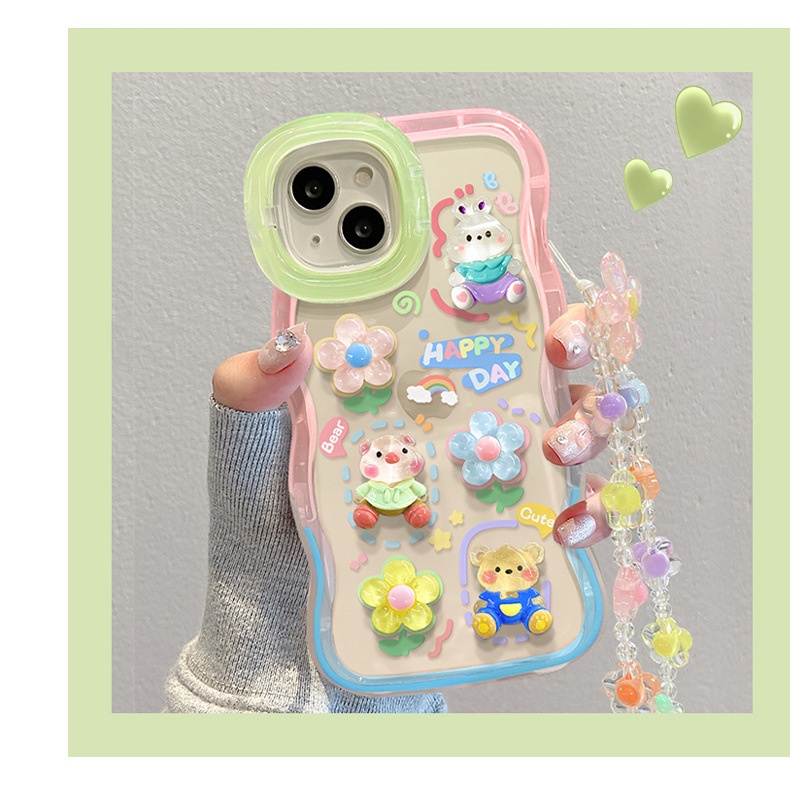Étui TechGlobe Dual Stand Compatible iPhone 16, 13, 3D Ours Fleur Gongduozai, 15 Pro Chaîne, 12 Femmes X_voghion.com