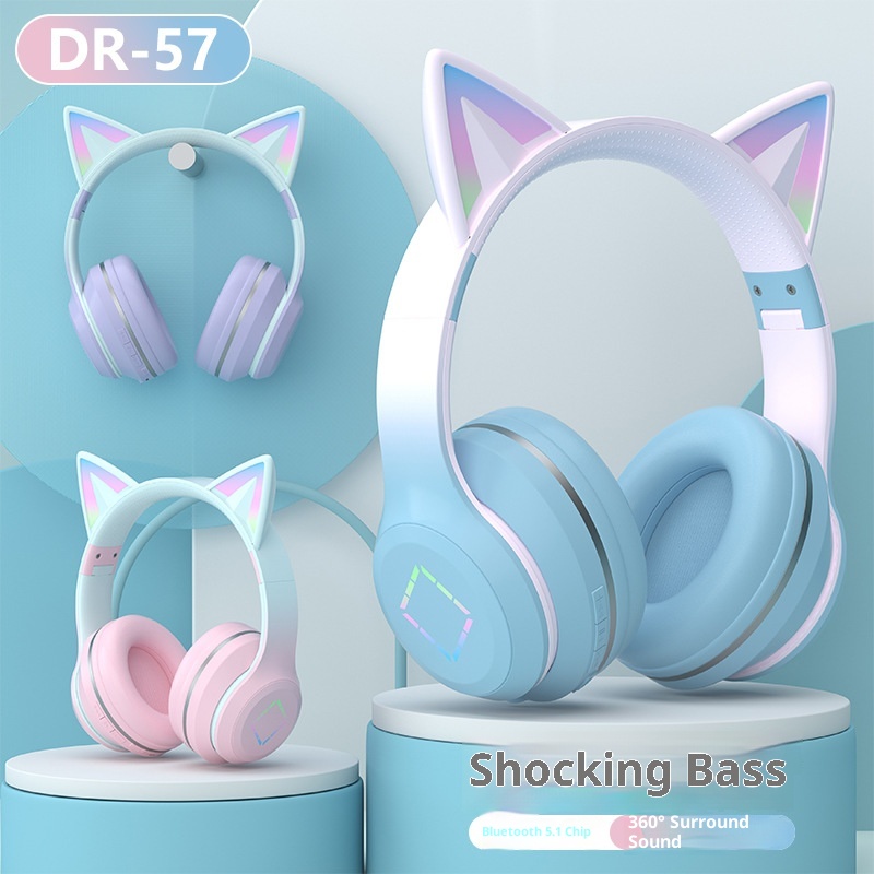 3c Cross-border New DR57 Bluetooth Ultra-long Battery Life Gradient Color Glowing Cat Ears Head-mounted Wireless Earphones_voghion.com