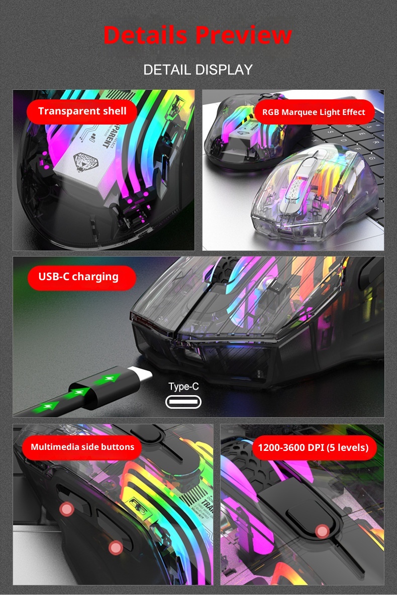 Techglobe Imperial Leopard Q19 Mouse da gioco trasparente con illuminazione RGB per laptop e desktop, con ricarica Bluetooth wireless a tre modalità_voghion.com