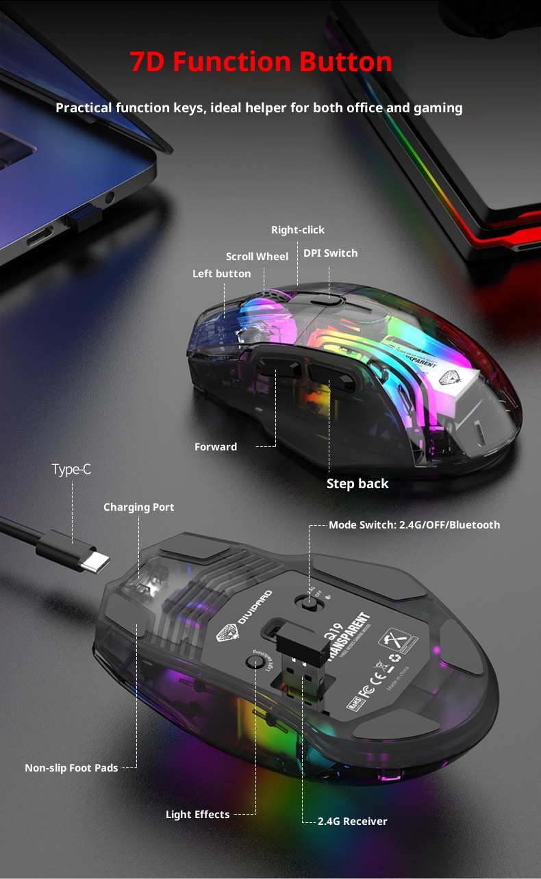 Techglobe Imperial Leopard Q19 Mouse da gioco trasparente con illuminazione RGB per laptop e desktop, con ricarica Bluetooth wireless a tre modalità_voghion.com