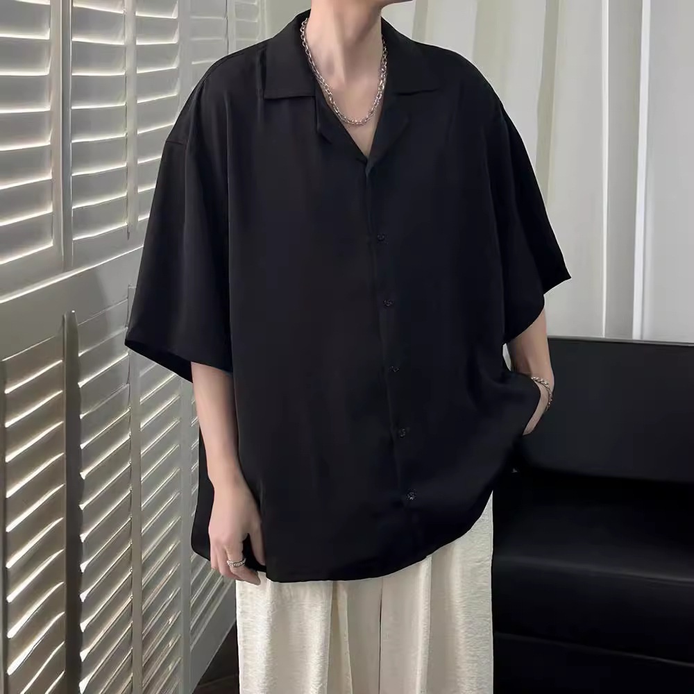 ForMen Cuban Collar Men Short Summer Ice Silk Draped Men's Loose Handsome Black Fashion Half Sleeve Casual Shirt_voghion.com