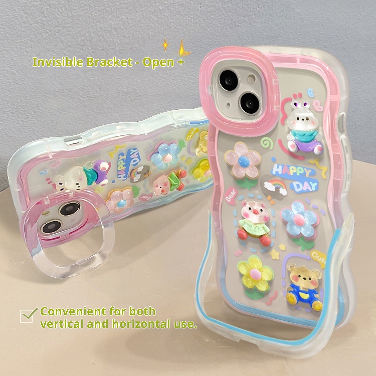 Étui TechGlobe Dual Stand Compatible iPhone 16, 13, 3D Ours Fleur Gongduozai, 15 Pro Chaîne, 12 Femmes X_voghion.com