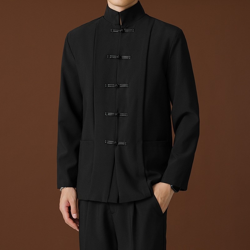 QFV507045555501<2 QFV507045555501<2 Blazer negro de cuello alto estilo chino, de alta gama, corte holgado, estilo nacional Tang, uniforme Zhongshan._voghion.com