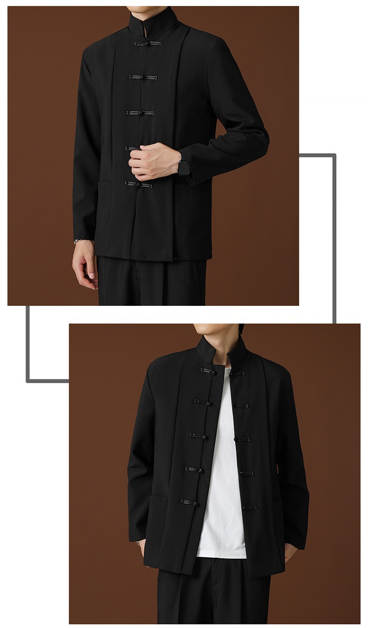 QFV507045555501<2 QFV507045555501<2 Blazer negro de cuello alto estilo chino, de alta gama, corte holgado, estilo nacional Tang, uniforme Zhongshan._voghion.com