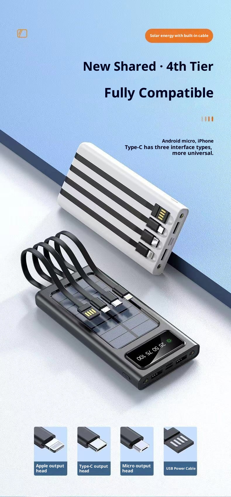 techglobe Solar 30000mAh With Built-in Cable Outdoor Large Capacity 20000mAh Mobile Power Bank Customizable_voghion.com